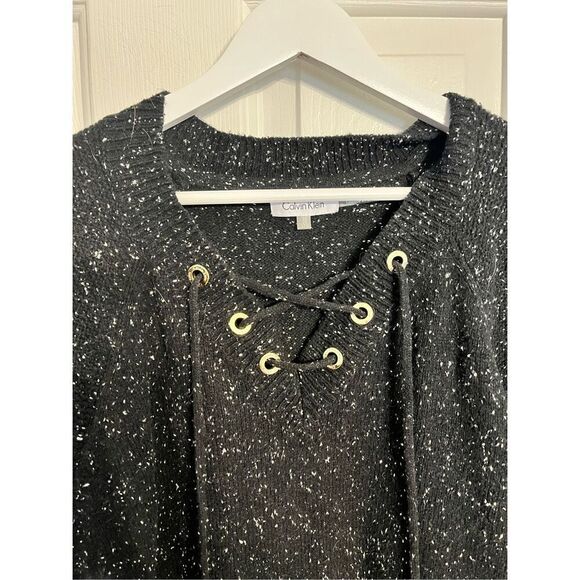 Calvin Klein Black & White Marled Knit Grommet Lace Up Tunic Sweater sz 2X EUC - Picture 2 of 6